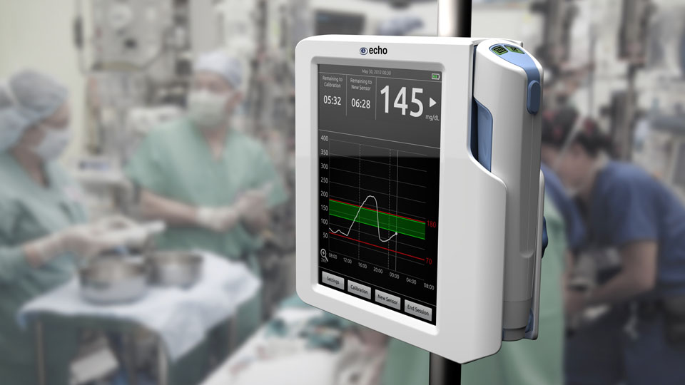Designed for use in the critical care environment, Echo's wireless tCGM system can be mounted on an IV pole or placed on any flat surface.